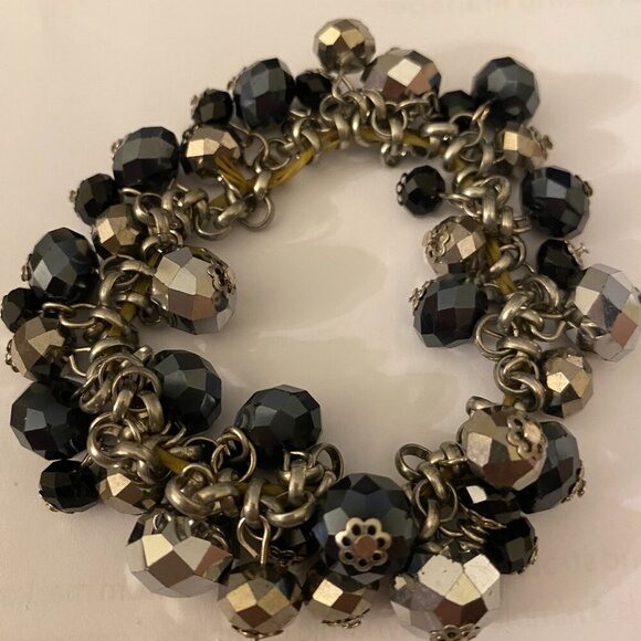 Vintage ALI KHAN New York Bracelet Cluster Black Clear Glass Beads Stretch - Picture 2 of 6
